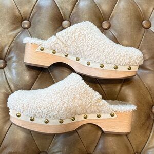 J.Crew Shearling Lined Wooden Clog Mules Studded Platform Cream Size 7